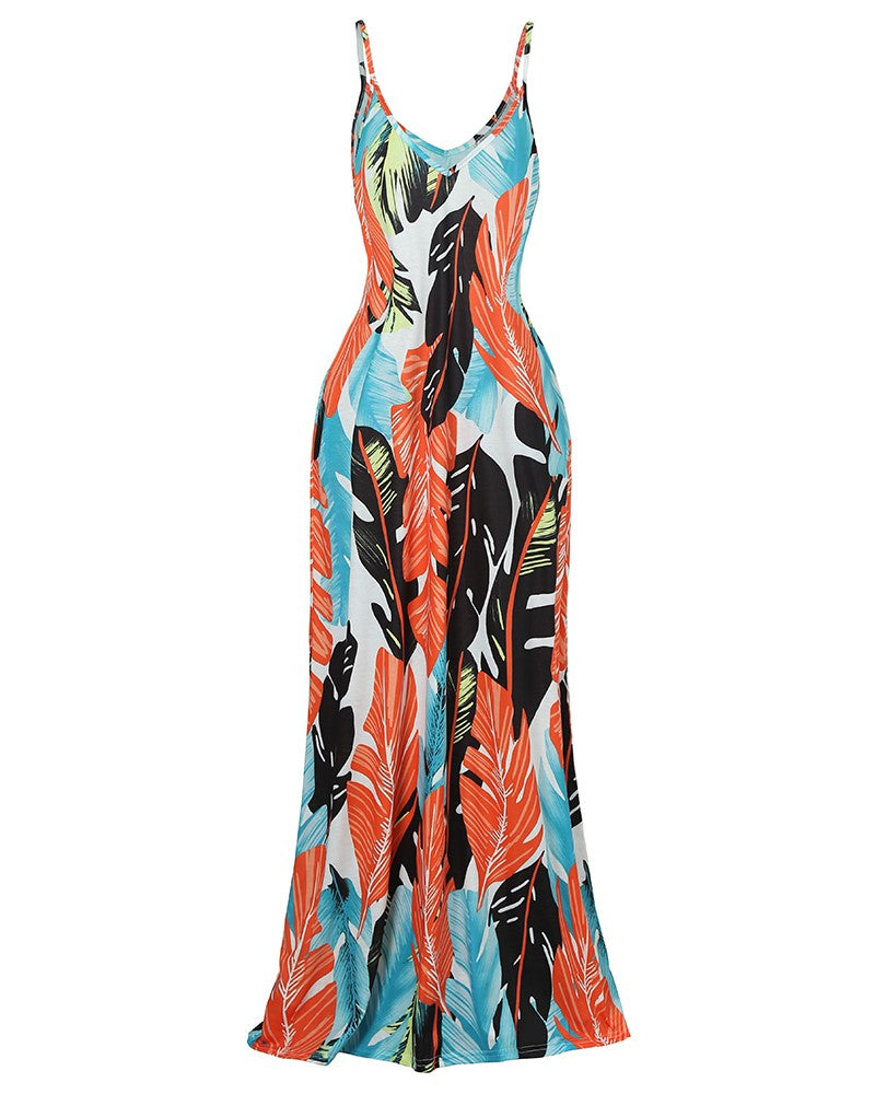 V Neck Dresses Leaf Print Casual Beach Party Swing Dress With Pockets