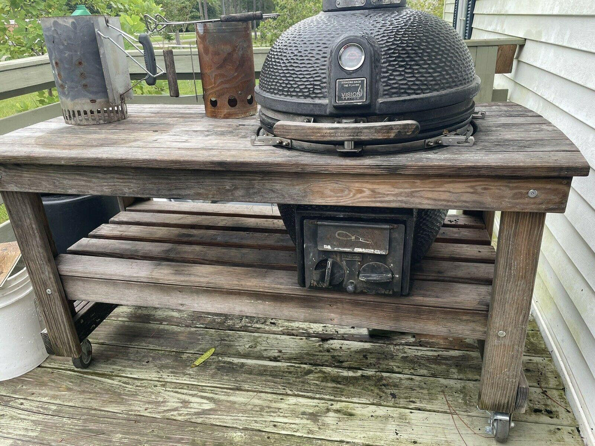 Vision Real Charcoal Grill With Wood Cooking Table And locking Wheels
