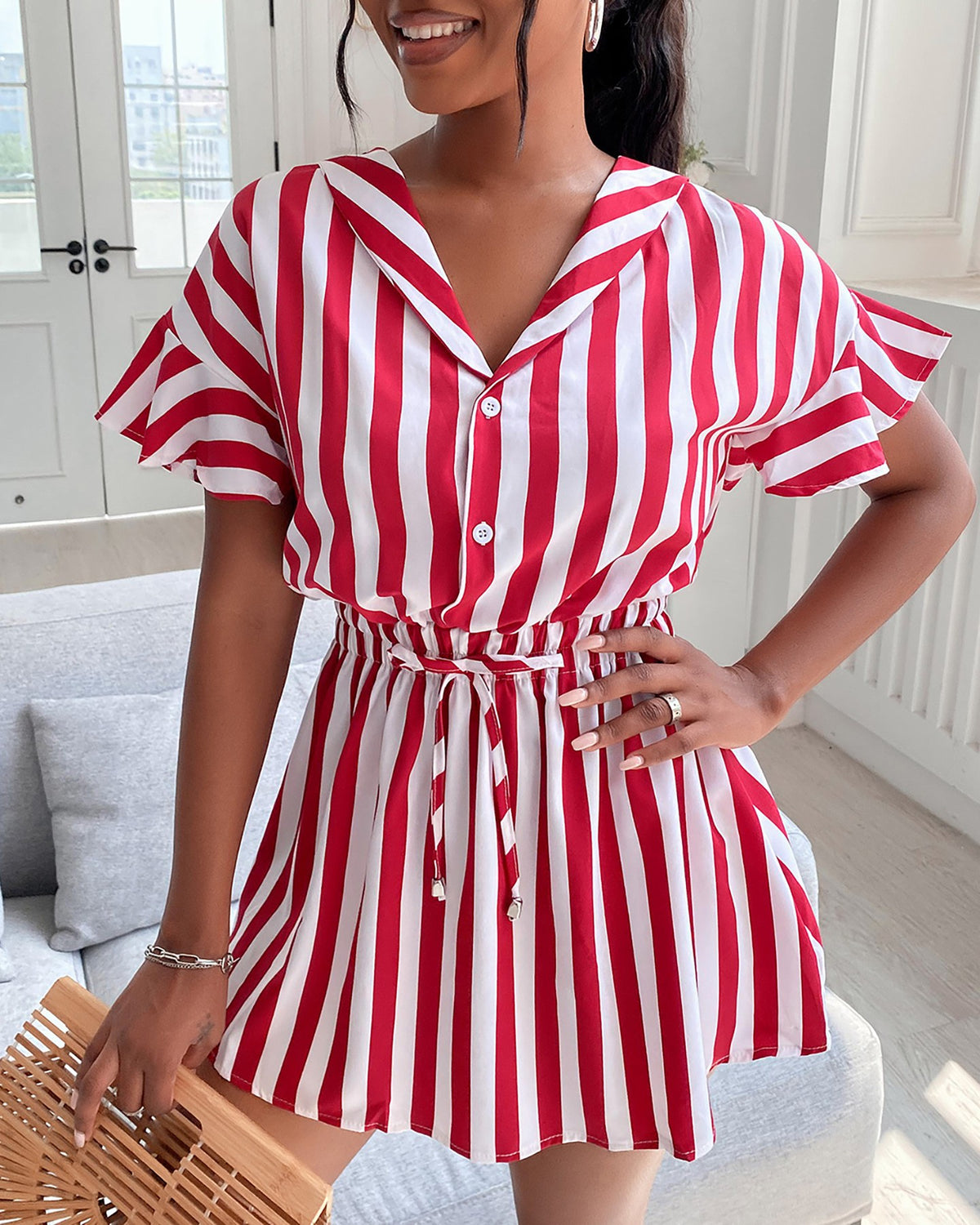 Striped Color Ruffles Shirt Dress