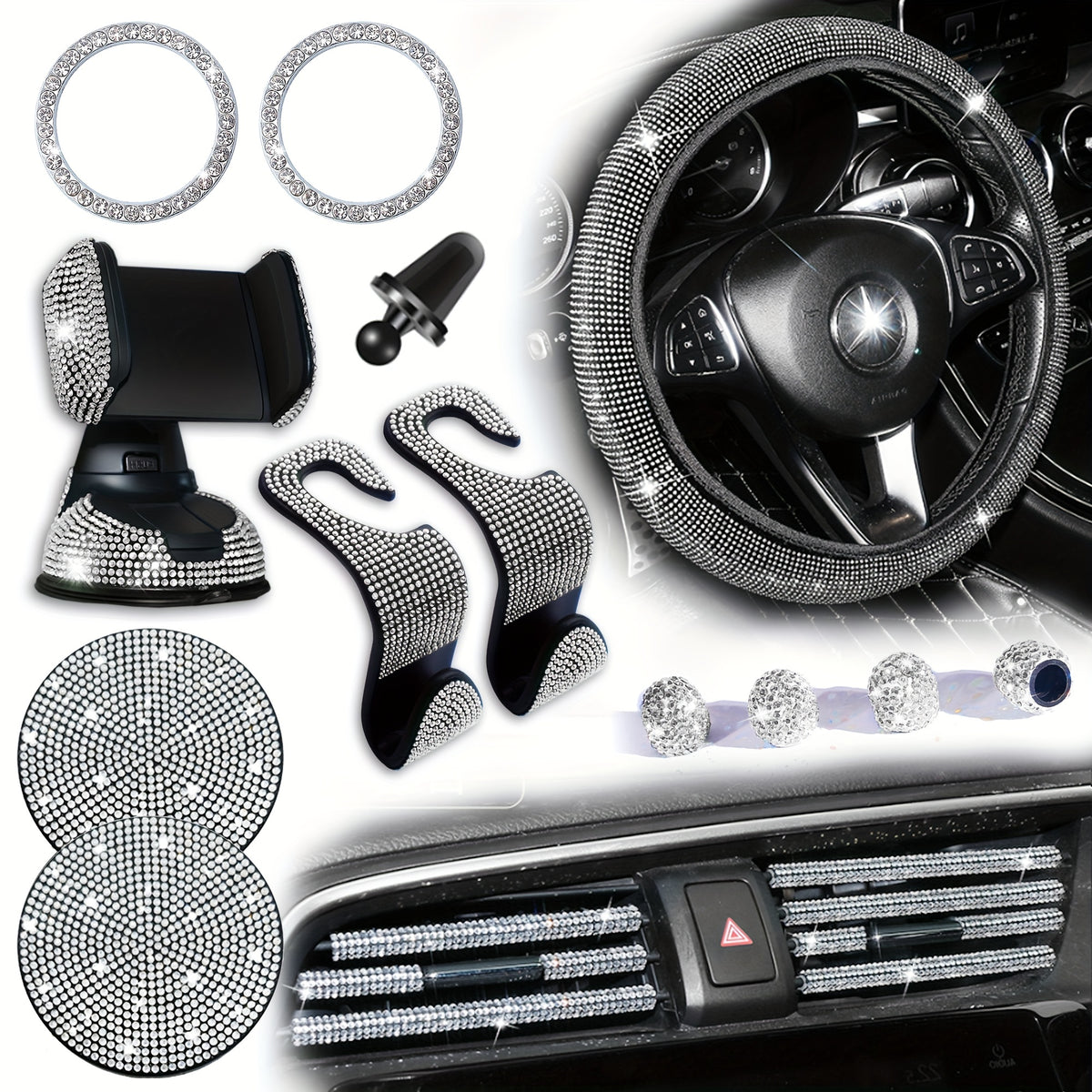 18pcs/set Light Luxury Hot Artificial Diamond Car Interior Set Crystal Steering Wheel Cover Mobile Phone Holder Women Car Interior Accessories