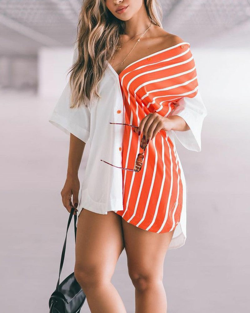 Striped Color Button Front Shirt Dress