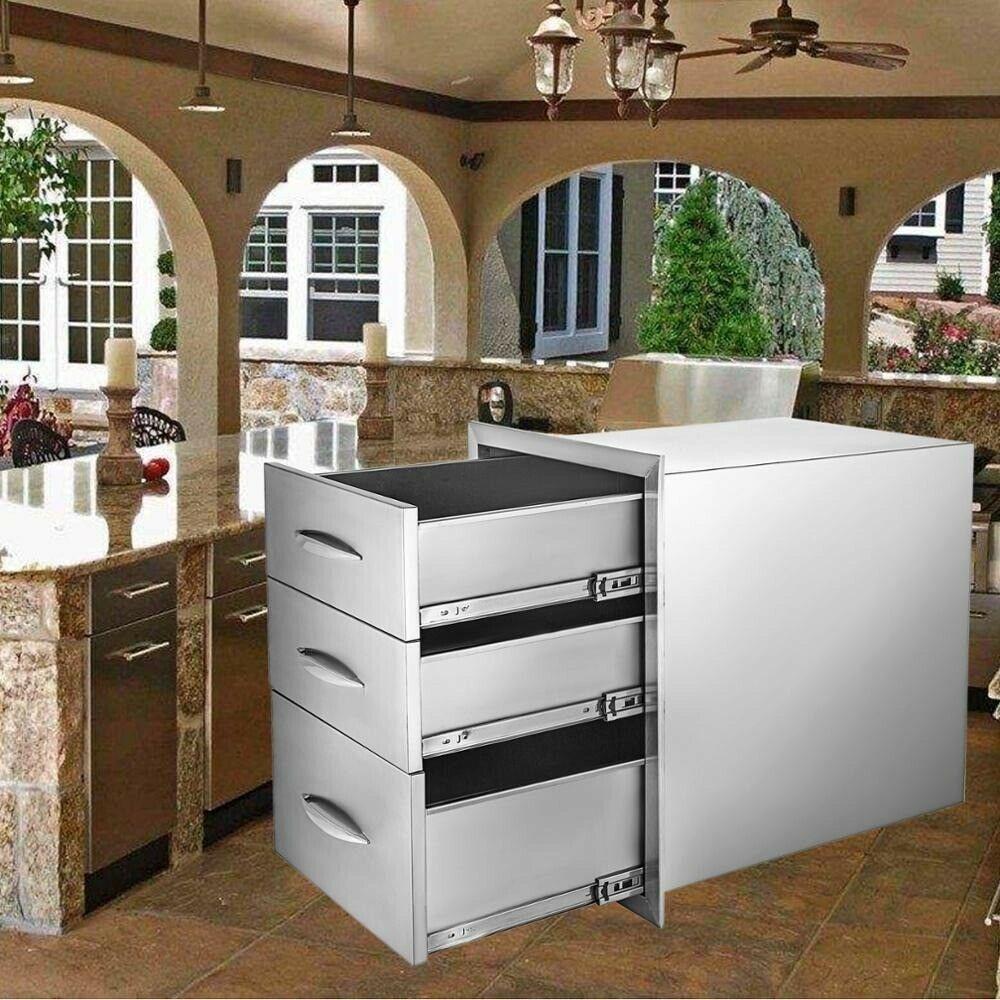 Outdoor Kitchen Triple Enclosed Drawer 18x23in Stainless Steel Storage Barbecue