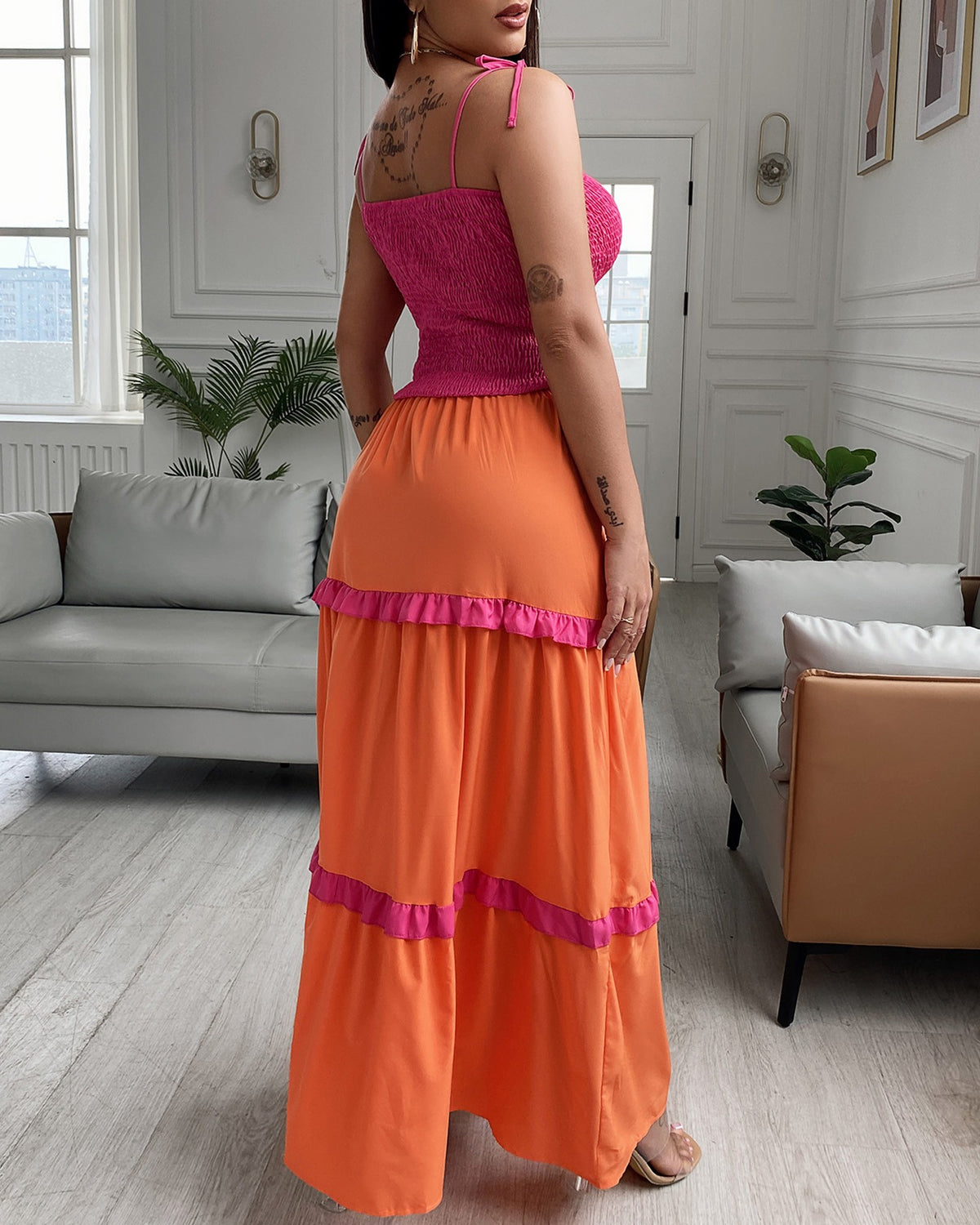 Shirred Frill Hem Buttoned Slit Color Maxi Dress