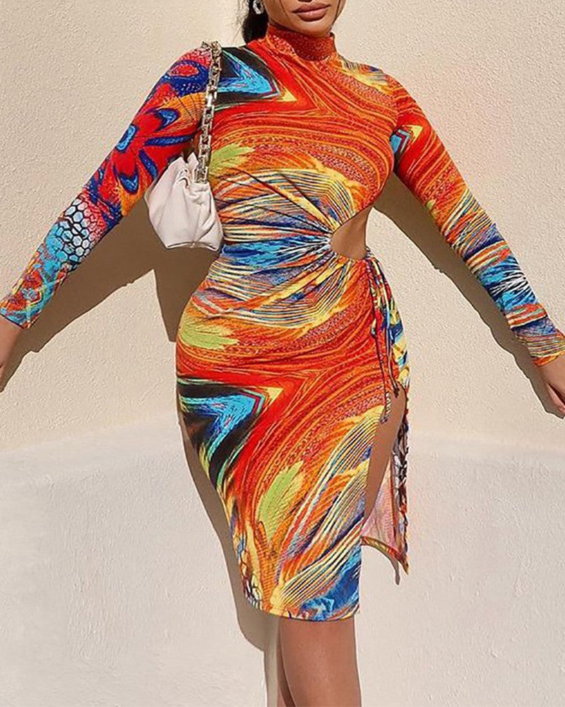 Abstract Print Cut-Out Split Thigh Long Sleeve Midi Dress