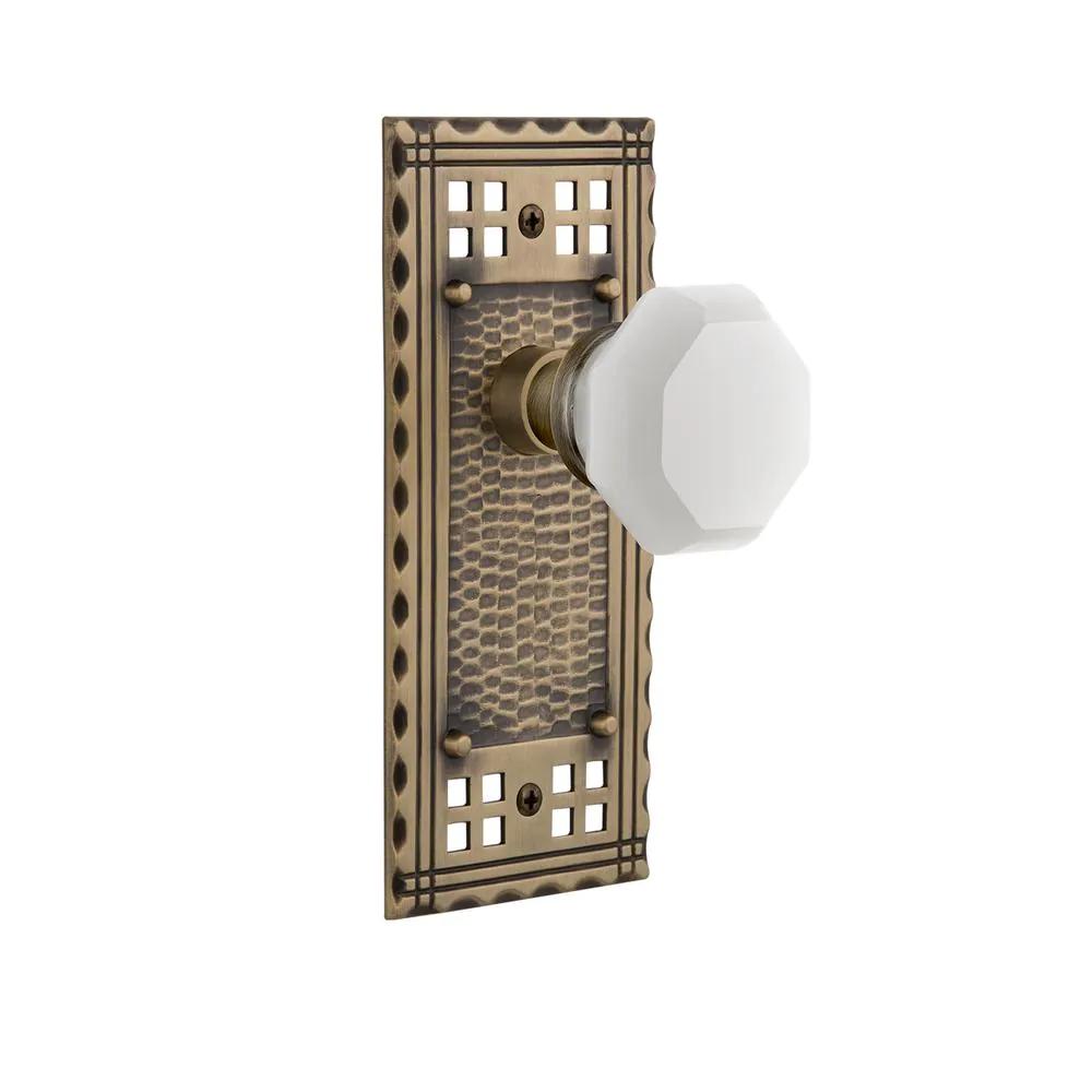 Craftsman Plate 2-3/4 in. Backset Antique Brass Privacy Bed/Bath Waldorf White Milk Glass Door Knob