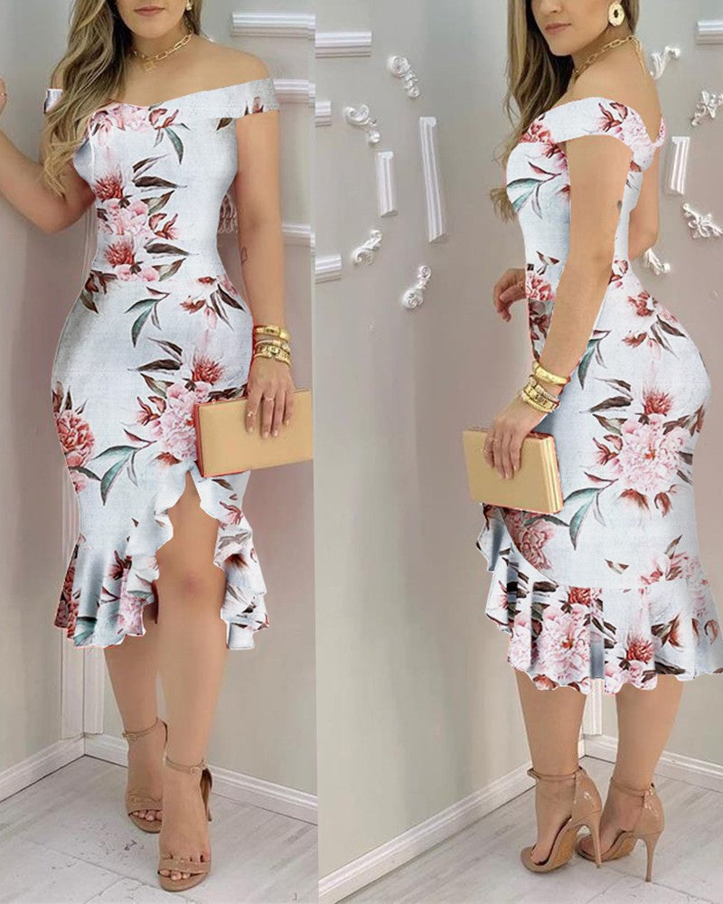 Off Shoulder Slit Ruffles Floral Print Dress