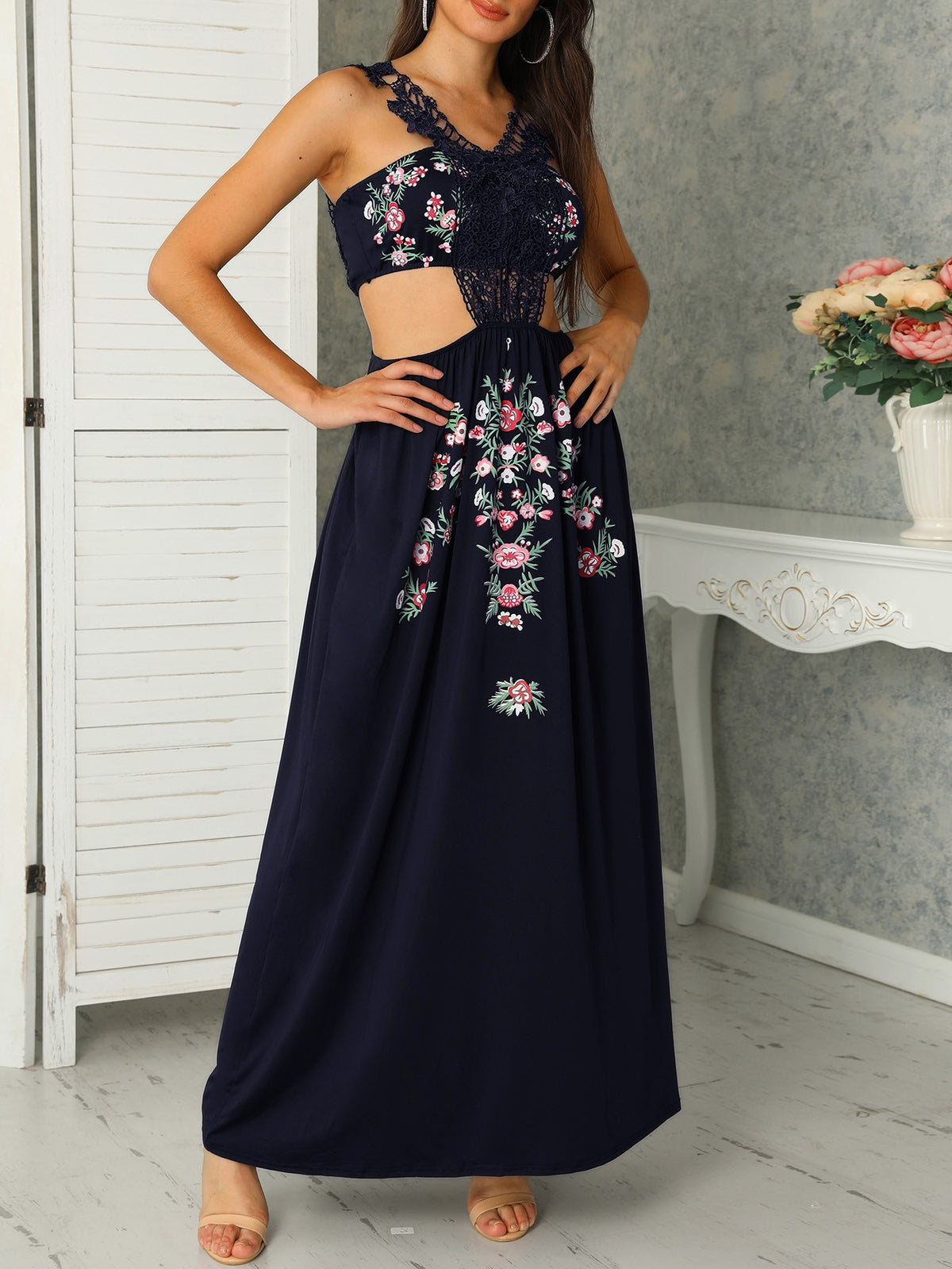 Lace Cut Out Floral Print Pleated Maxi Women Dress