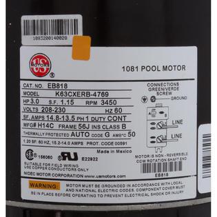 Motor, /USMtr, 3.0hp, 208-230v, 1Spd, 56Jfr, CFace, Thd, Full