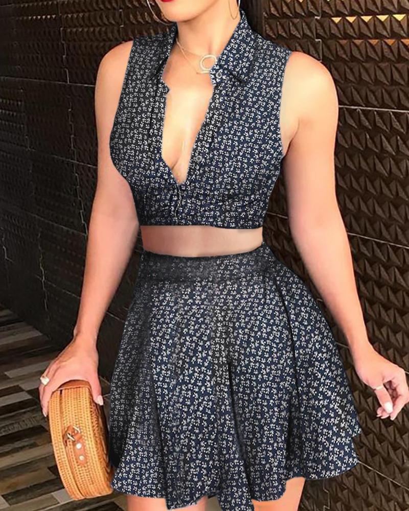 Floral Print Deep-V Top & Skirt Set
