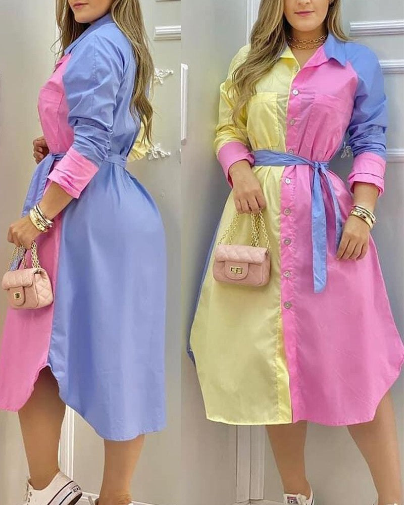 Color Button Front Logn Sleeve Slit Shirt Dress