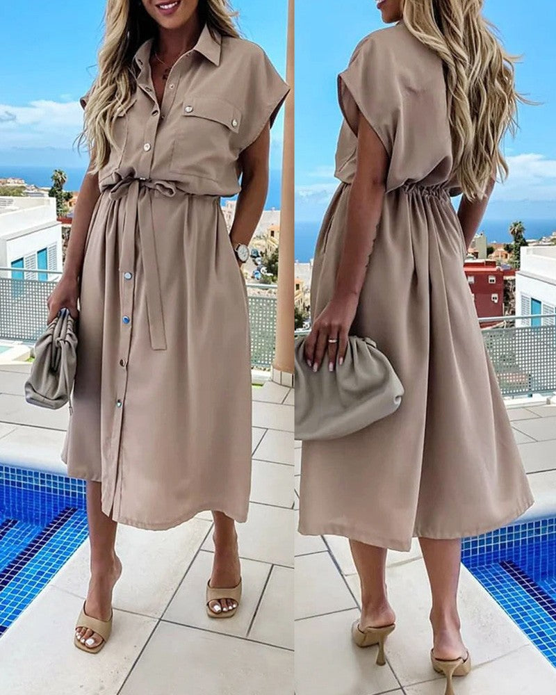 Button Pocket Design Slit Shirt Dress