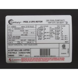 Motor, Century, 5.0hp, 208-230v/460v, SQFL, 56Y Frame, 3 Phase, THD