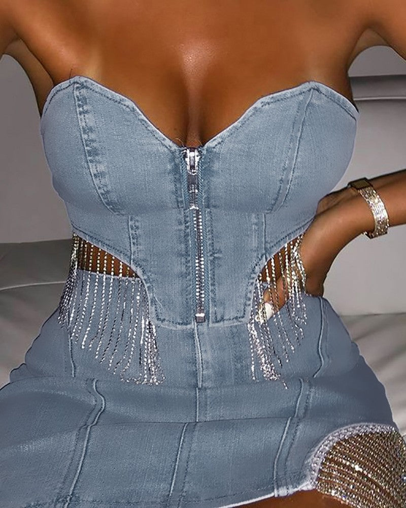 Studded Tassel Bandeau Denim Top & Skirt Set