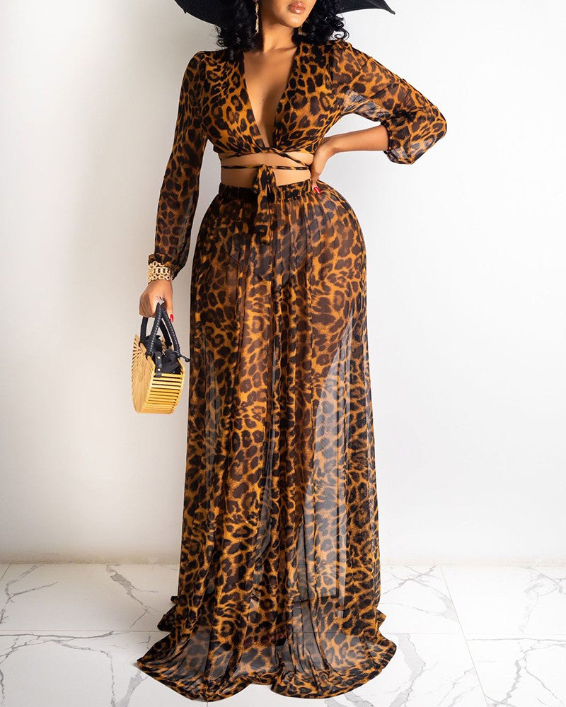 Leopard Print Tied Detail Top & Ruched Skirt Set
