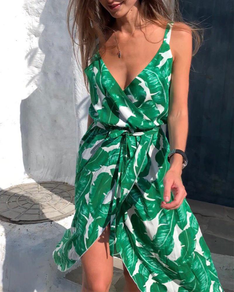 Leaf Print Tie Waist Midi Dress