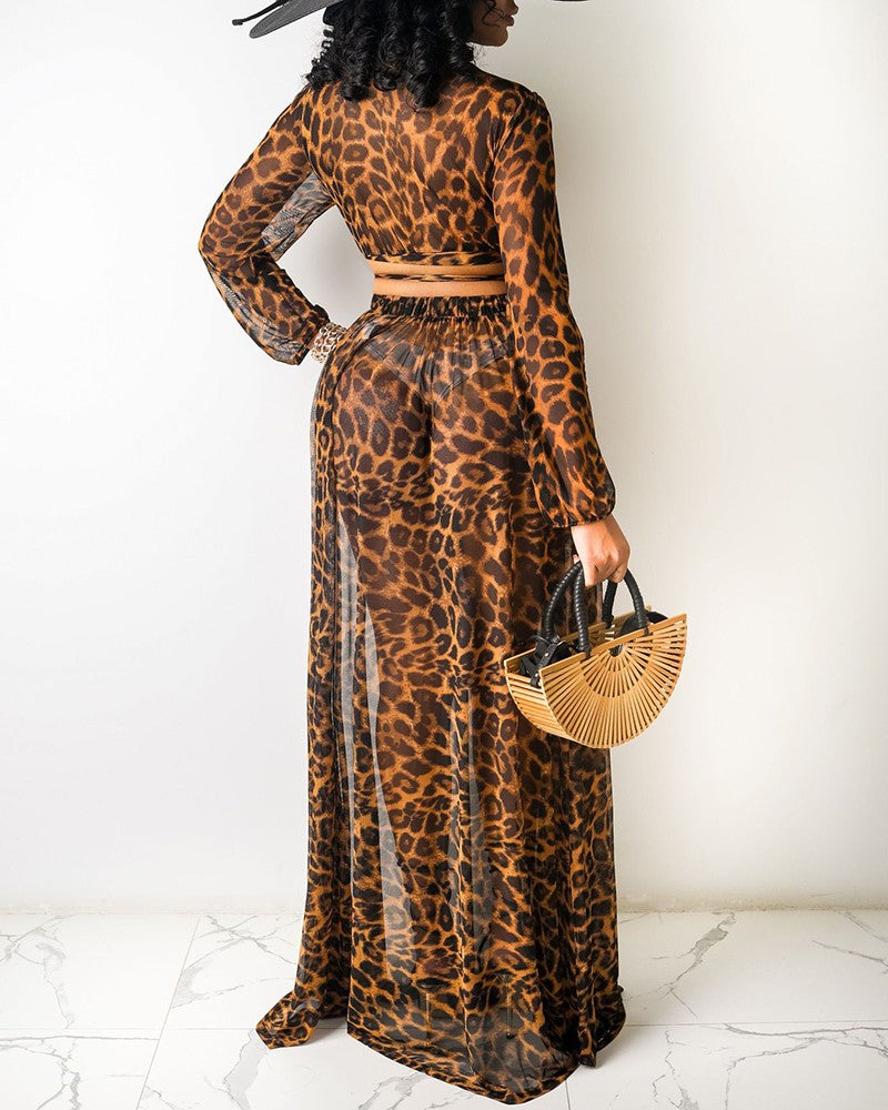 Leopard Print Tied Detail Top & Ruched Skirt Set