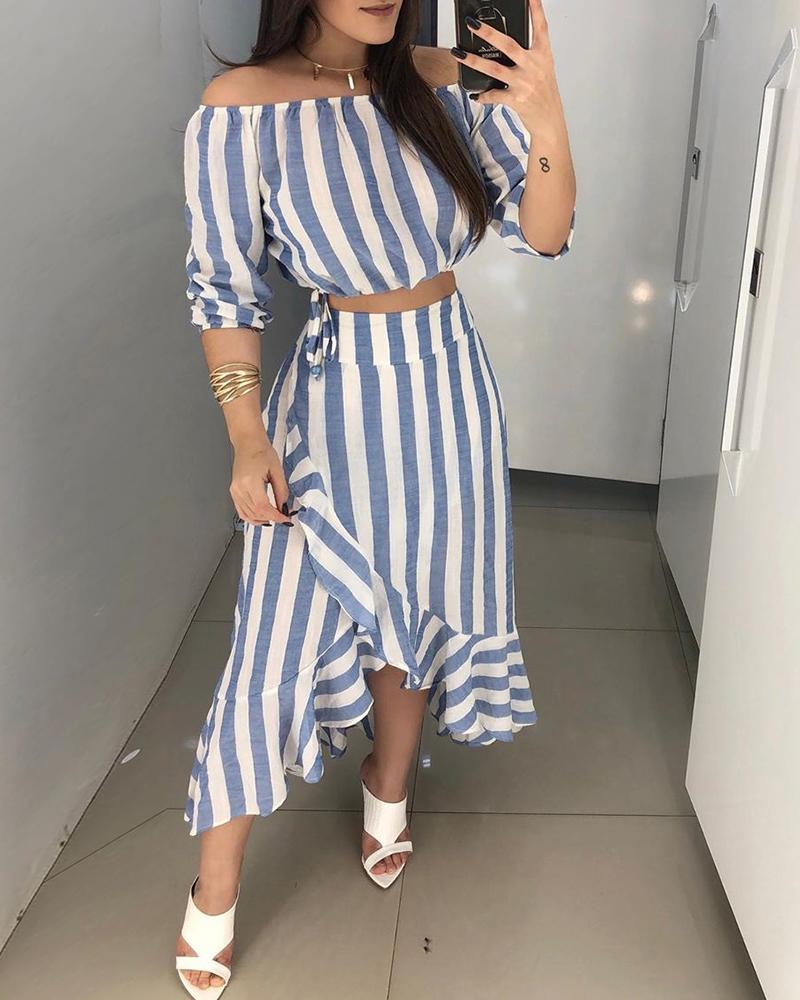 Striped Off Shoulder Top & Ruffles Skirt Sets
