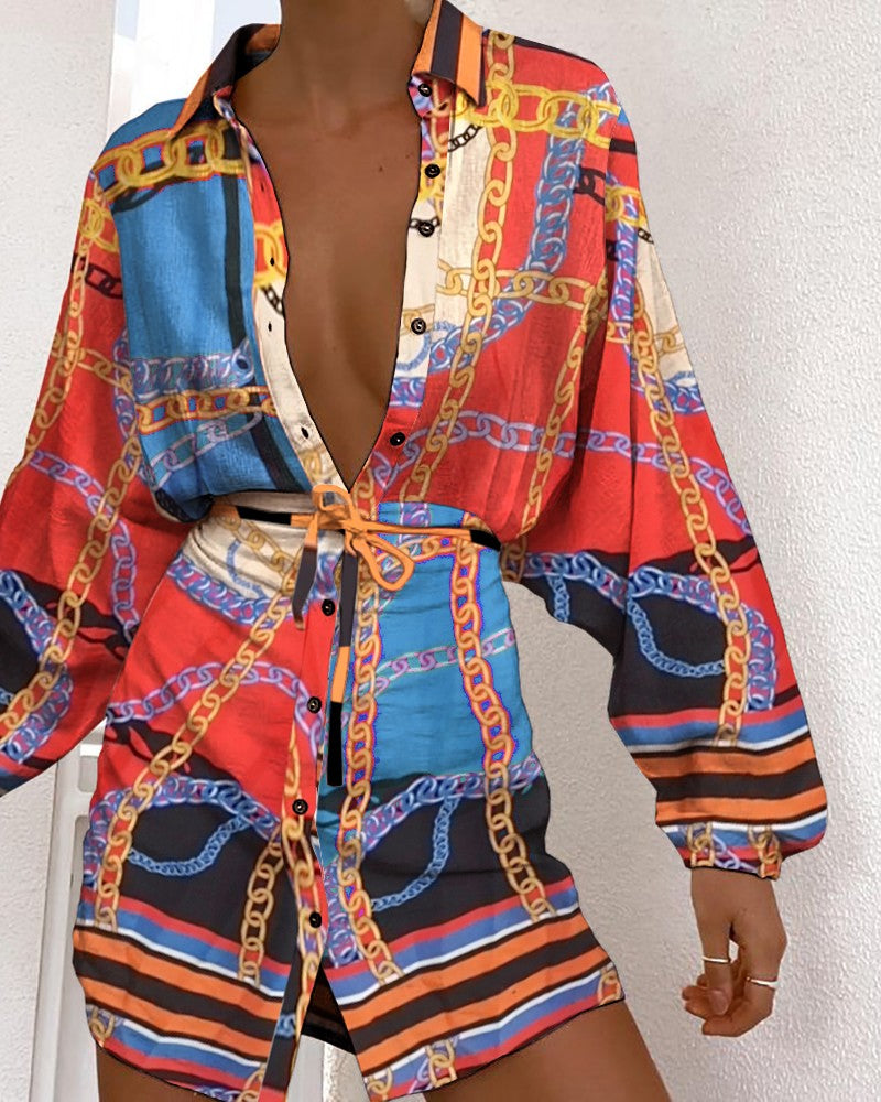 Scarf Print Button Design Long Sleeve Shirt Dress