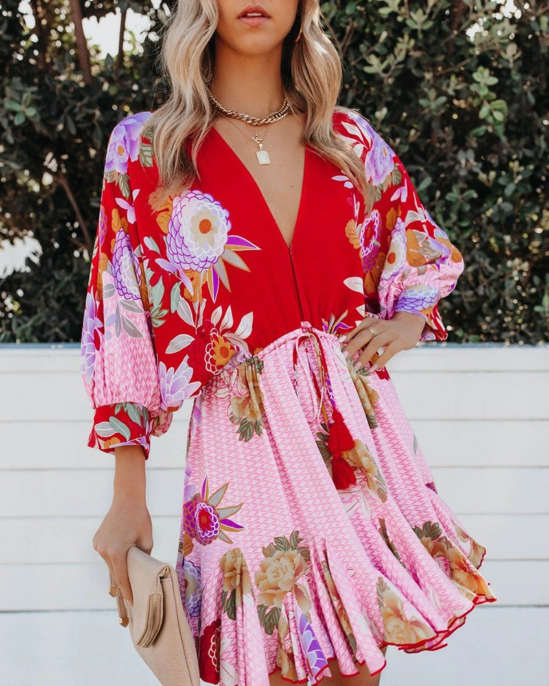 Floral Print Ruffles Hem Lantern Sleeve Casual Dress