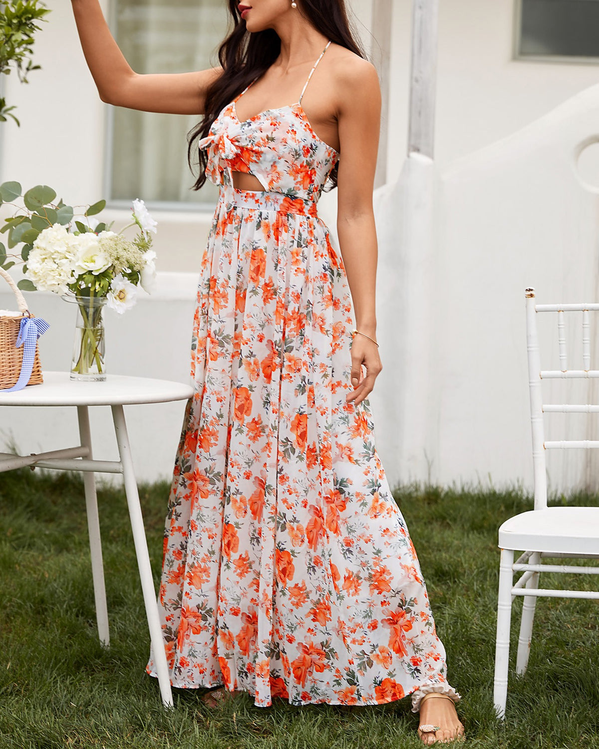 Floral Print Halter Lace Up Cutout Maxi Dress