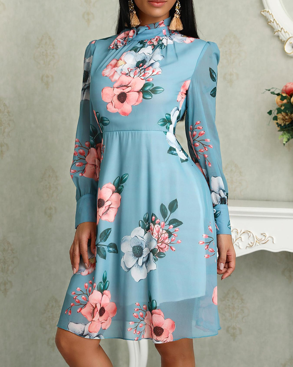 Floral Print Long Sleeve Tied Neck Women Dress