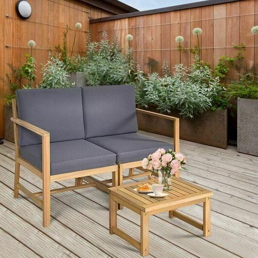 3 in 1 Acacia Wood Loveseat with Separable Coffee Table - Color: Natural