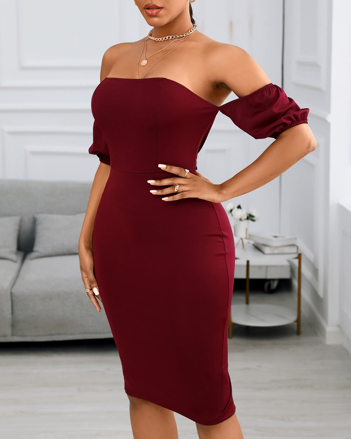 Off Shoulder Plain Zipper Design Back Slit Women Dress