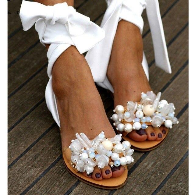 Fashion Women Ankle Strap Beaded Flat Sandals