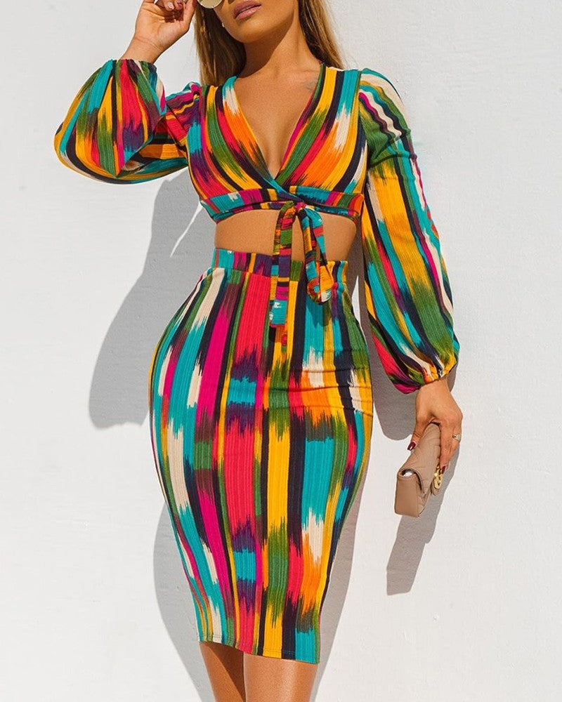Color Lantern Sleeve Crop Top & Midi Skirt Sets