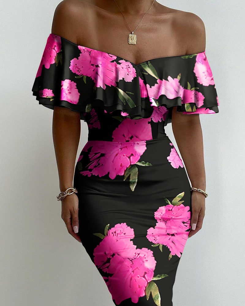 Floral Print Off Shoulder Ruffles ny Dress Slim Bodycon Dress Midi Dress