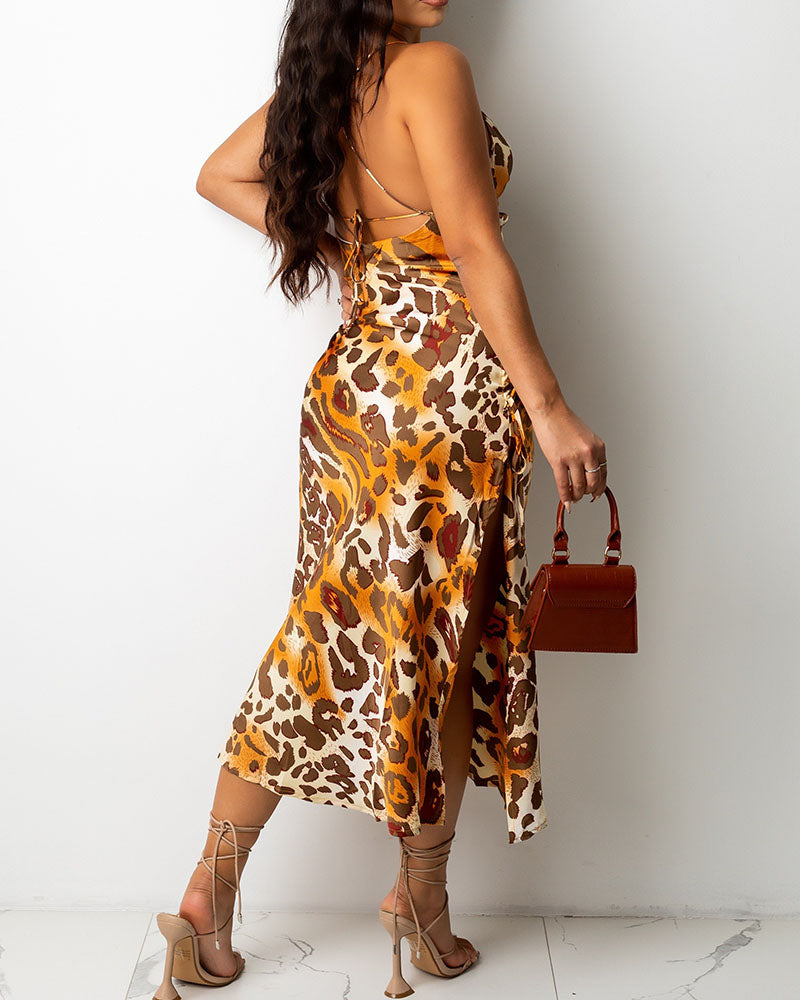 Leopard Print Crisscross Tie Back Split Thigh Cami Dress