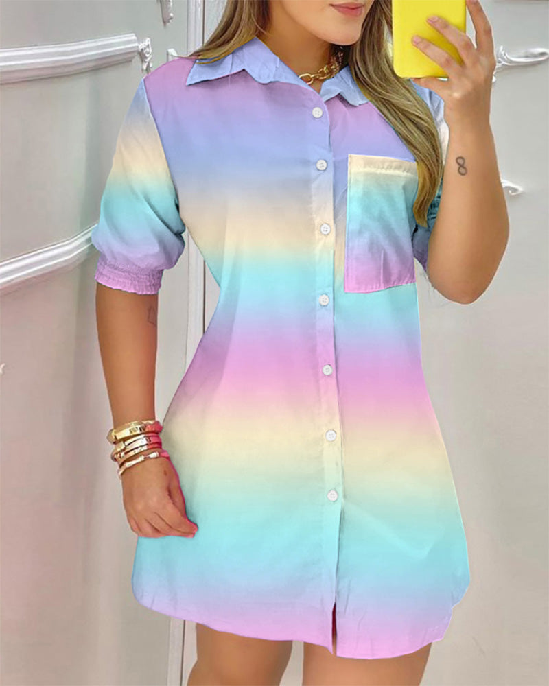 Color Pocket Design Buttoned Shirt Dress