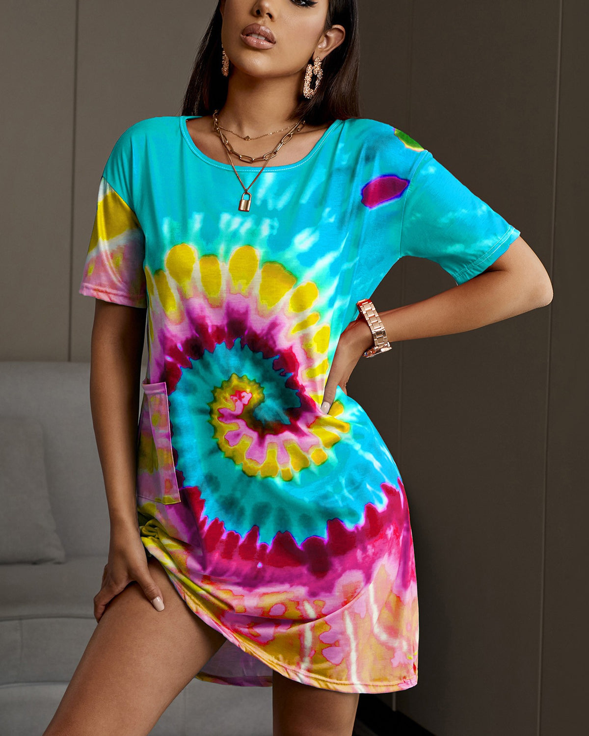 Colorful Tie Dye Print Casual Women Dress