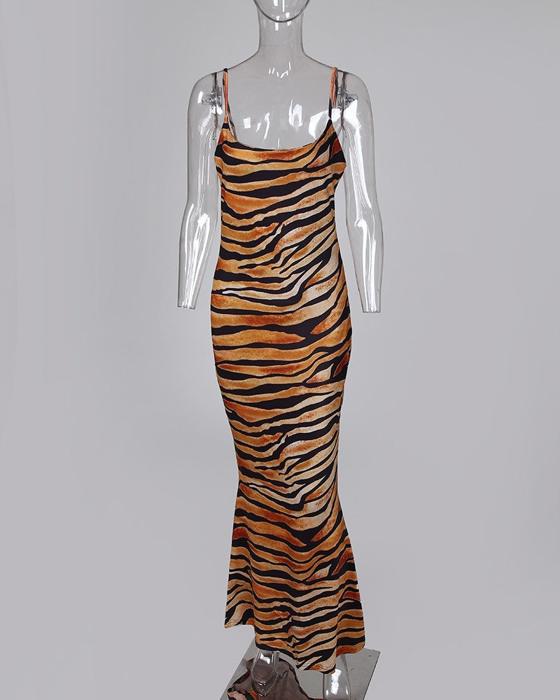 Tiger Print Square Neck Spaghetti Strap Maxi Dress