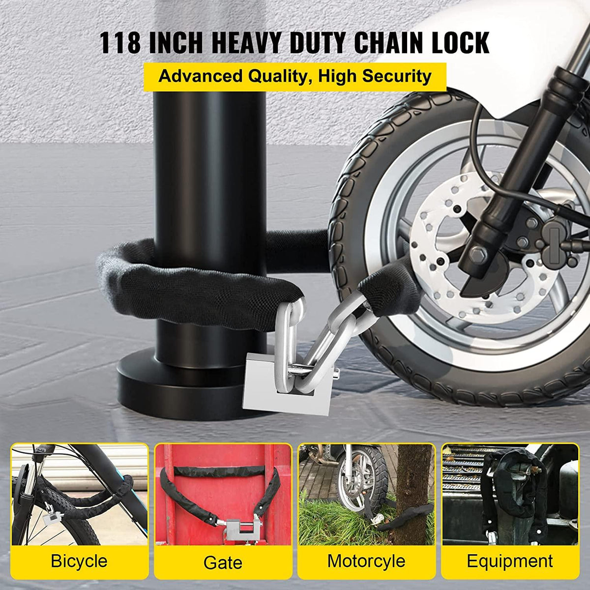 VEVOR Heavy Duty Chain Lock, 2/5 Inch x 9.83 Feet Security Chain and Lock Kit, Premium Case-Hardened Chain Pure Brass Lock Core with 3 Keys, Fit for Motorcycle, Generator, Gates, Bicycle, Scooter