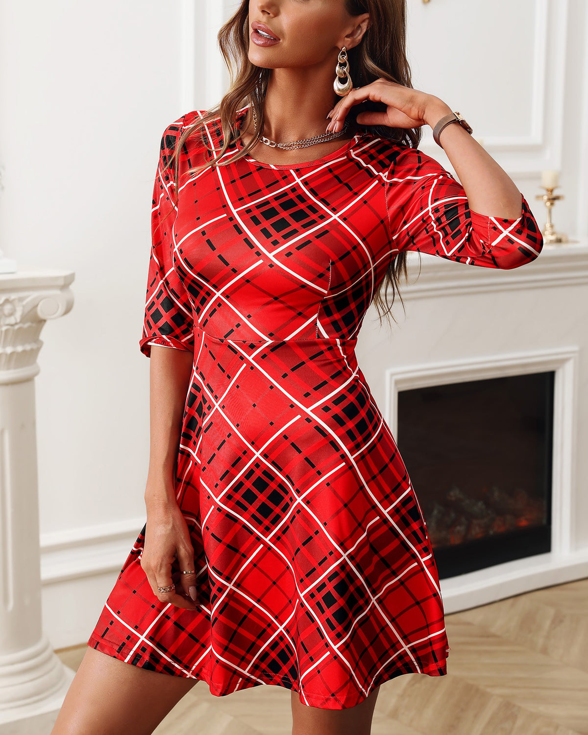 Half Sleeve Plaid Casual Flared Women Dress