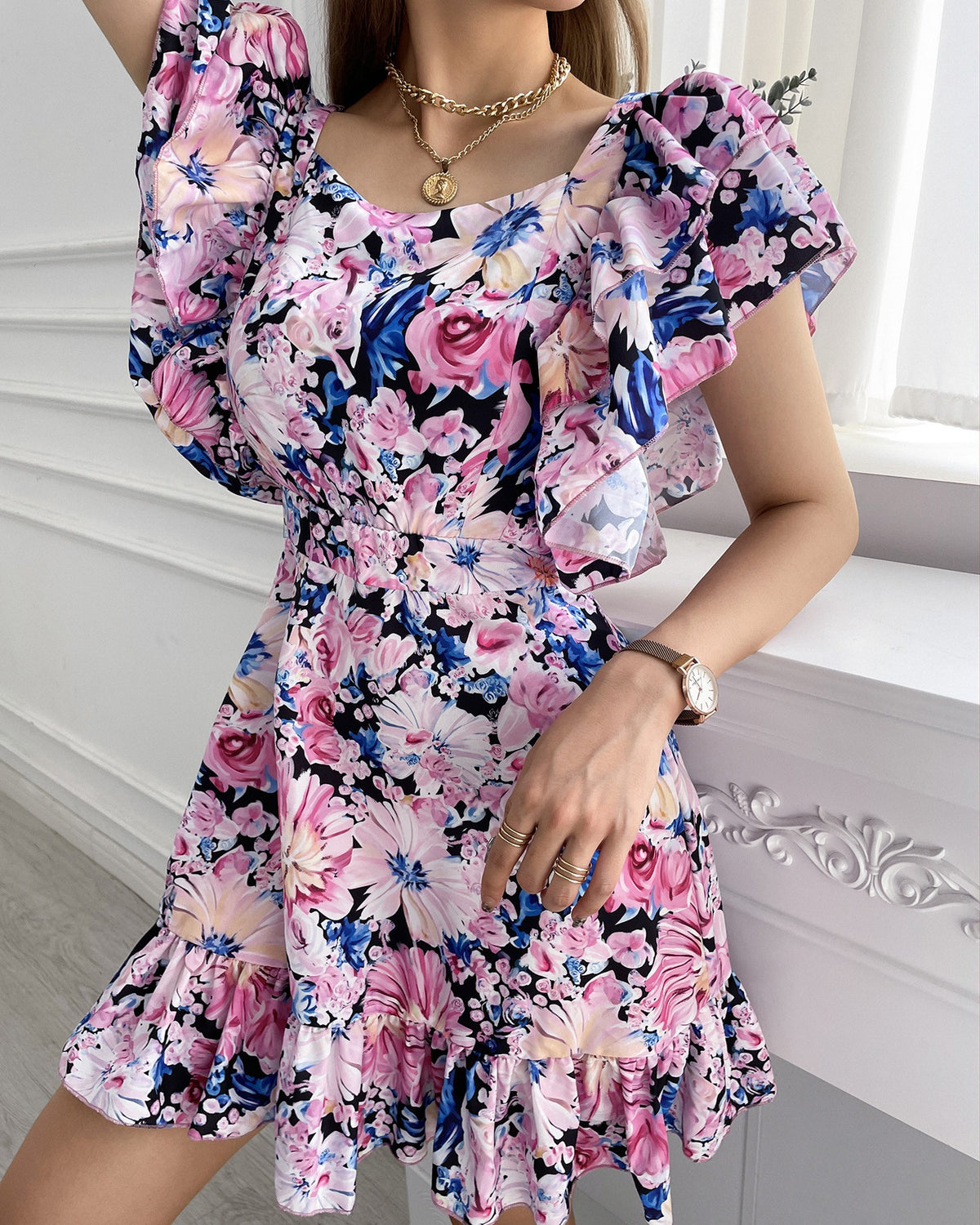 Floral Print Tied Detail Backless Ruched Dress