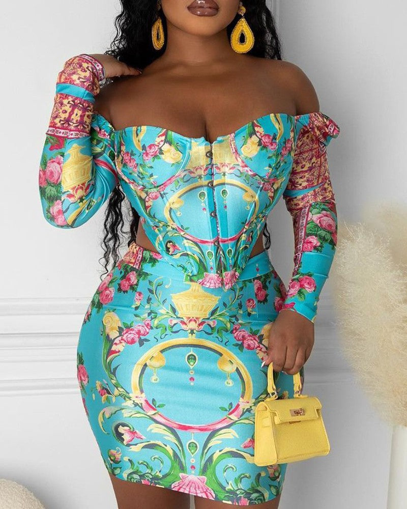 Off Shoulder Floral Print Corset Top & Skirt Set