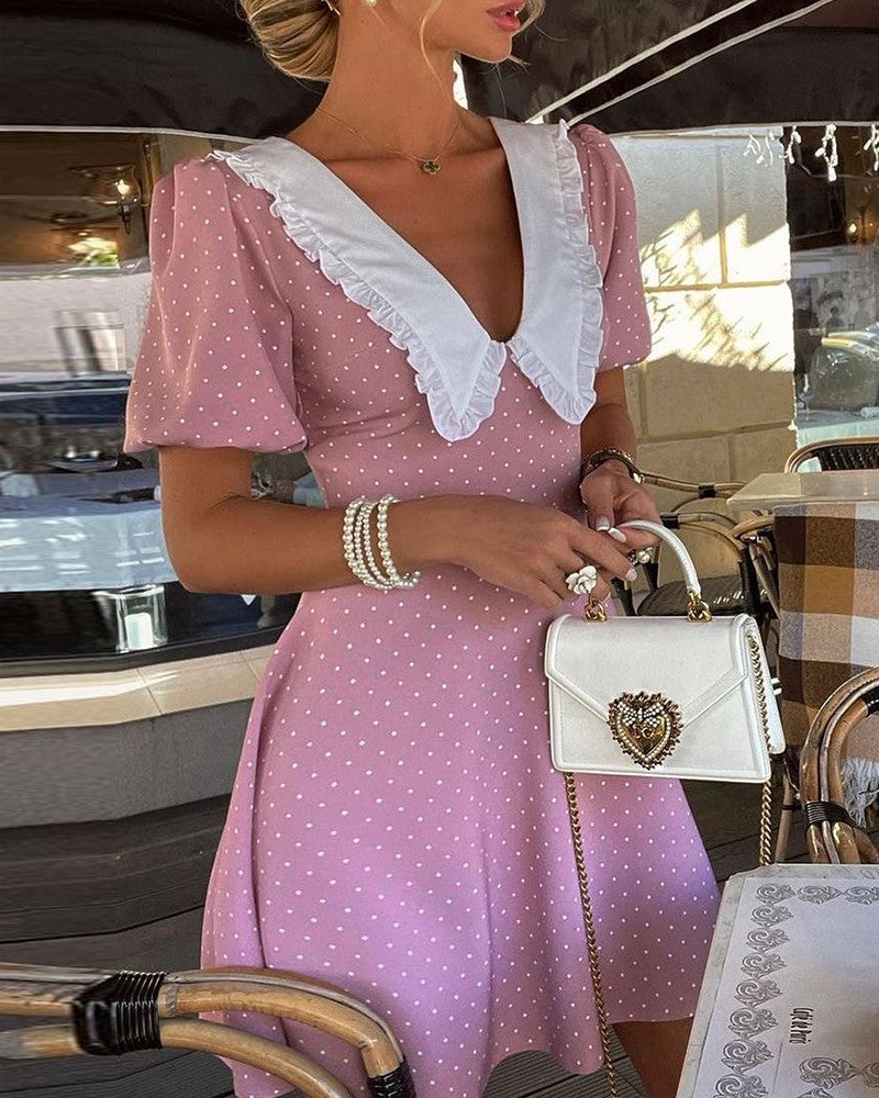 Polka Dot Print Frill Hem Puff Sleeve Dress