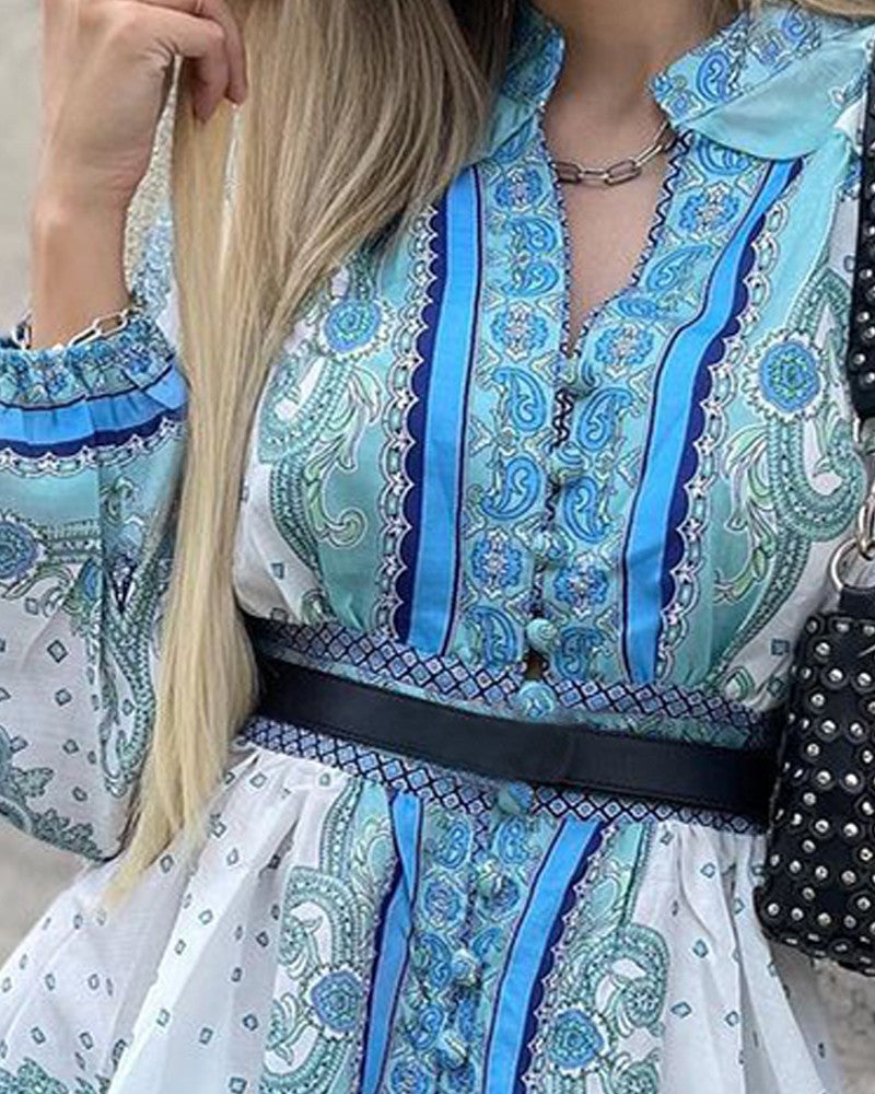 All Over Print Lantern Sleeve Shirt Dress