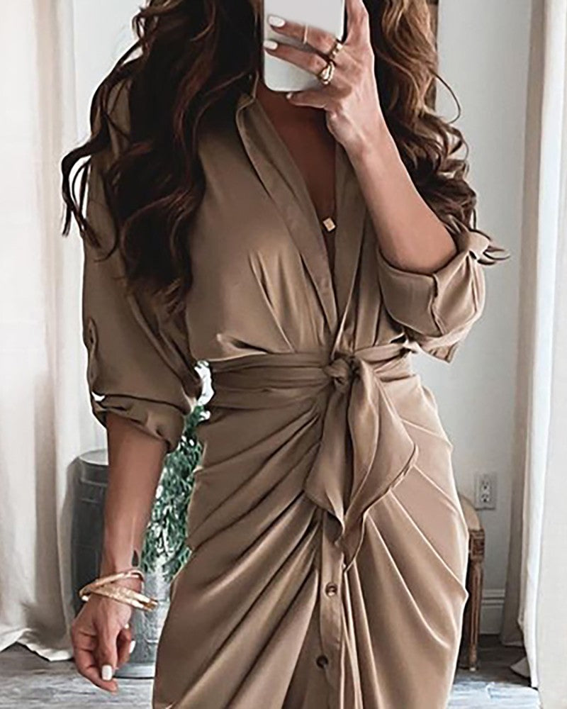 High Slit Button Front Long Sleeve Shirt Dress
