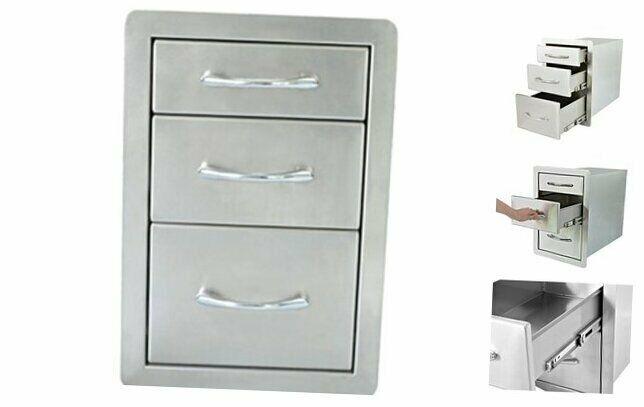 Outdoor Kitchen Stainless Steel Triple Access Drawer, 15”w x 21.5”h x 23”