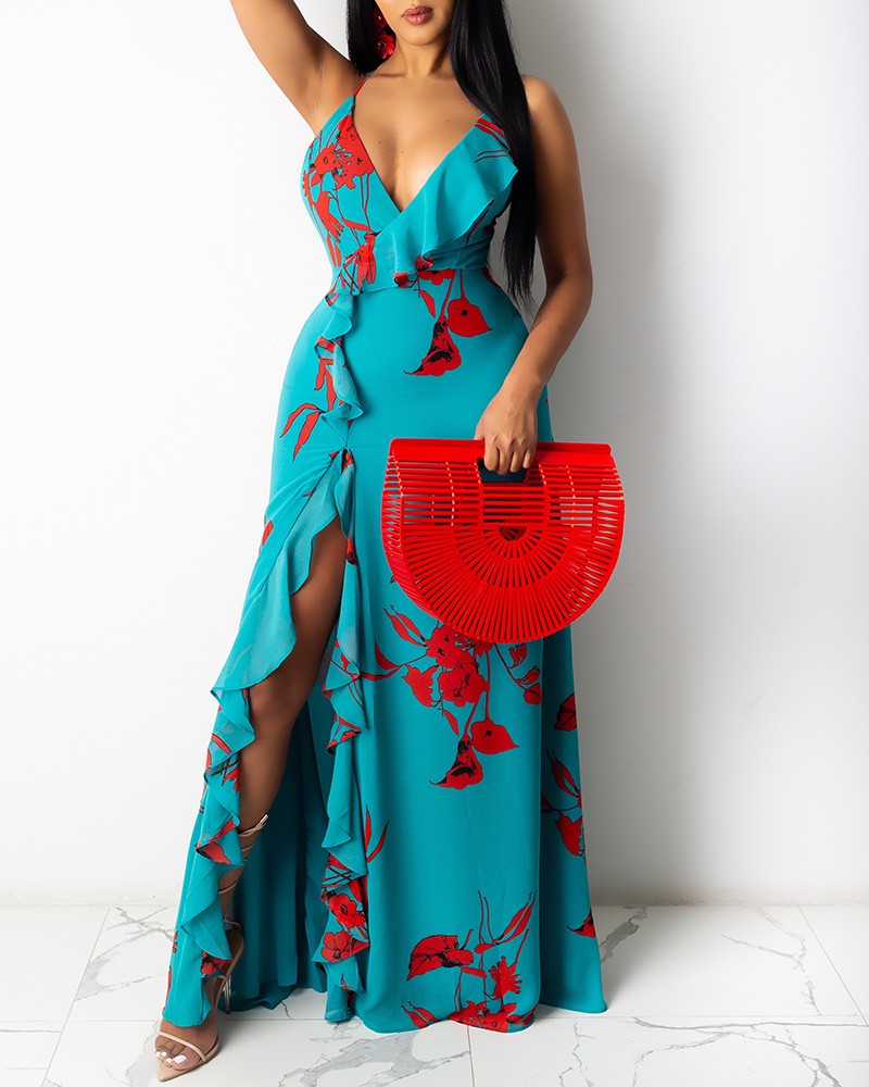 Backless Floral Print Tank Halter Ruffled Dress