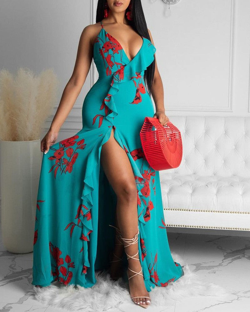 Backless Floral Print Tank Halter Ruffled Dress