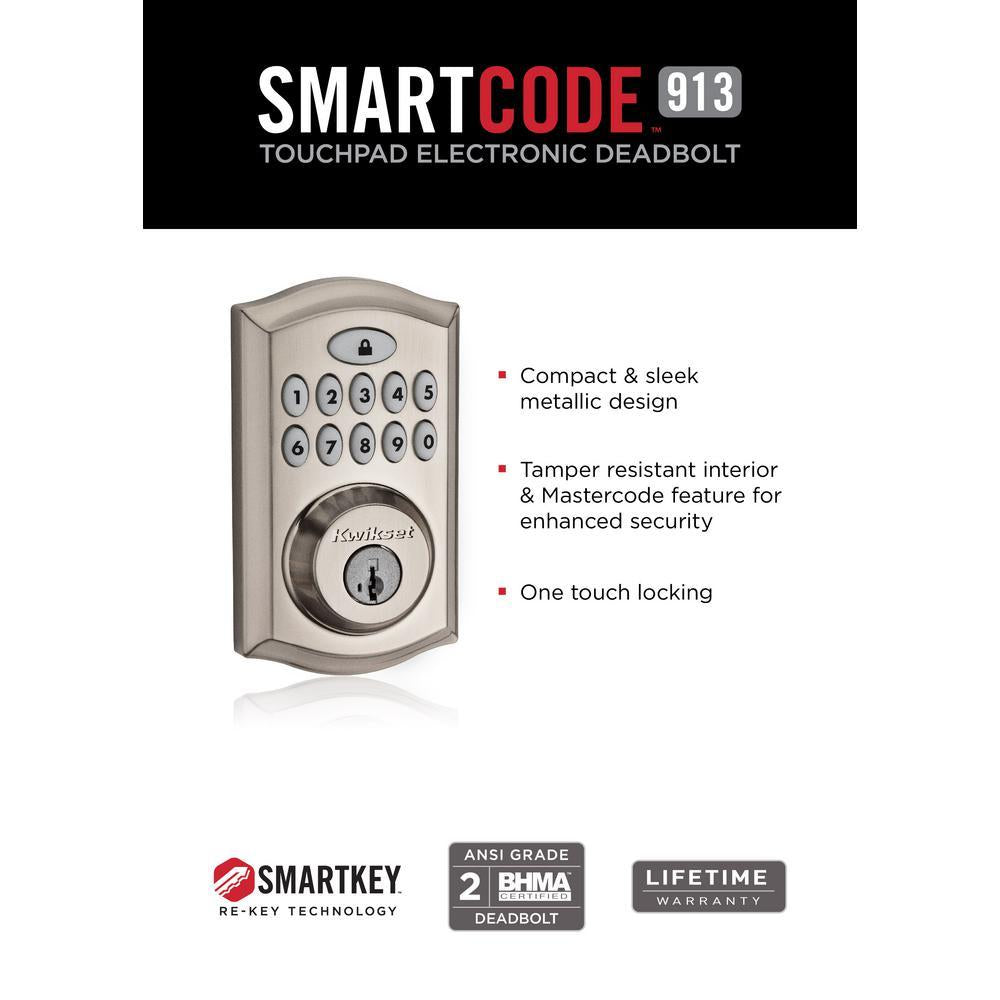 SmartCode 913 Satin Nickel Single Cylinder Electronic Deadbolt Featuring SmartKey Security