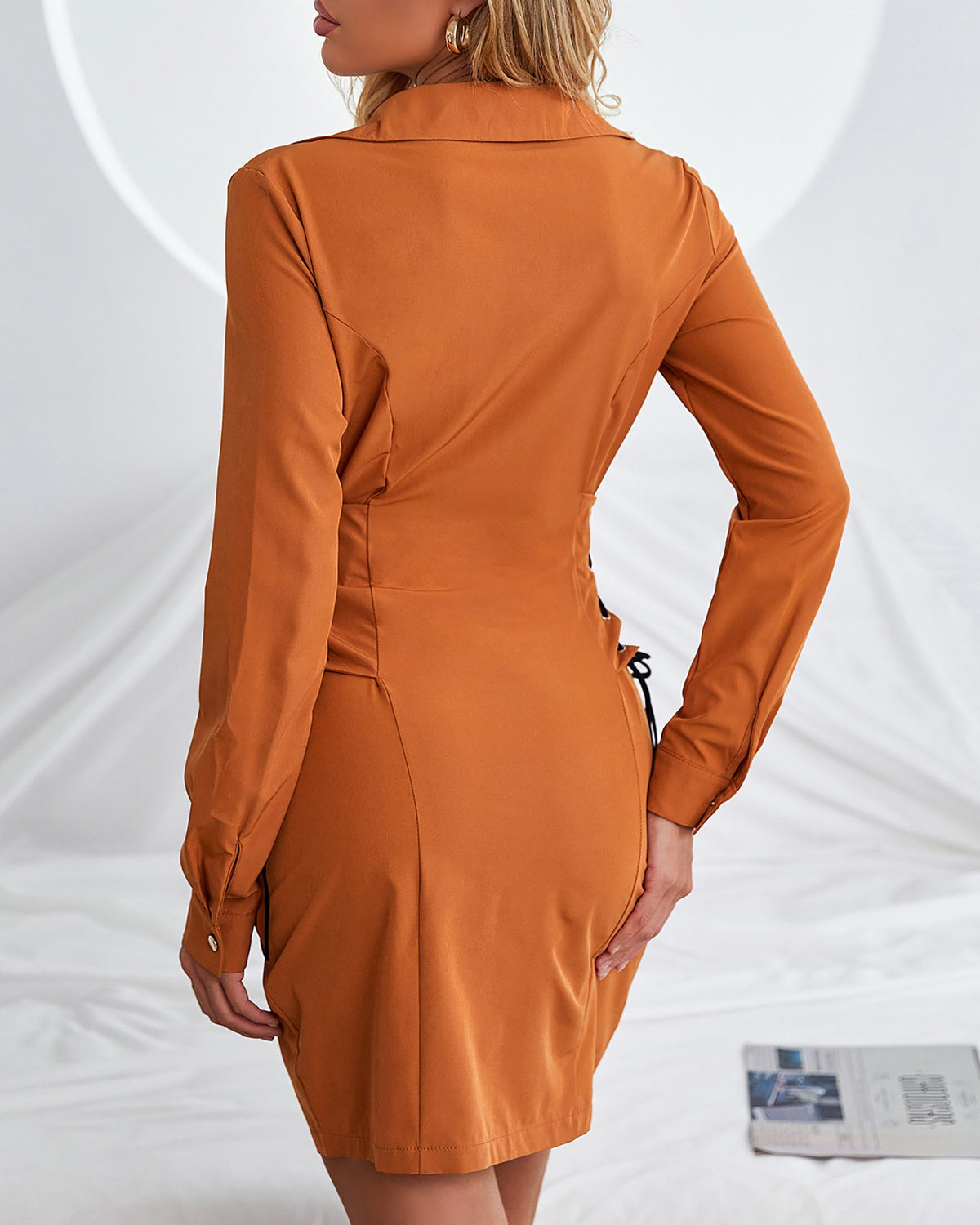 Eyelet Lace Up Button Design Shirt Dress