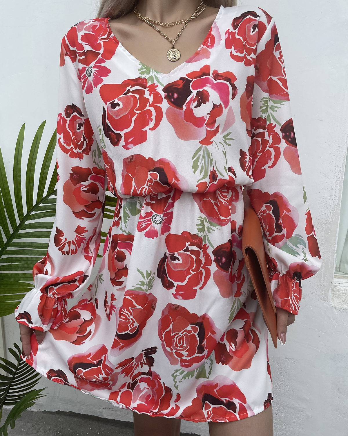 Floral Print Puff Lantern Sleeve V Neck Dress