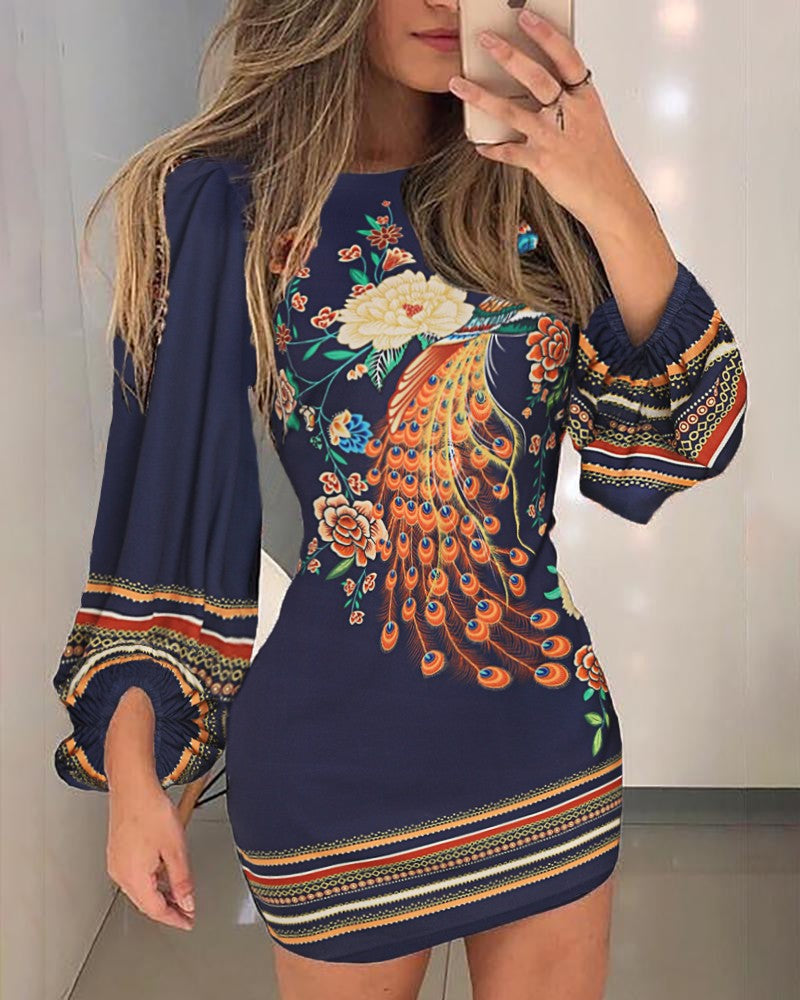 Peacock Print Cutout Back Bishop Sleeve Dress