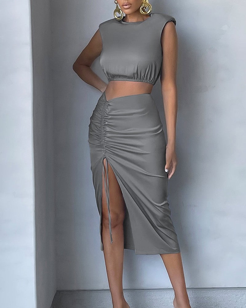 Keyhole Back Crop Tank Top & Drawstring Ruched Split Thigh Skirt Set