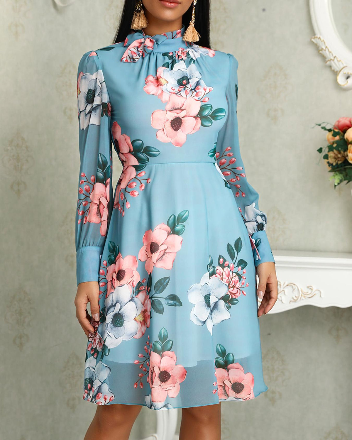 Floral Print Long Sleeve Tied Neck Women Dress